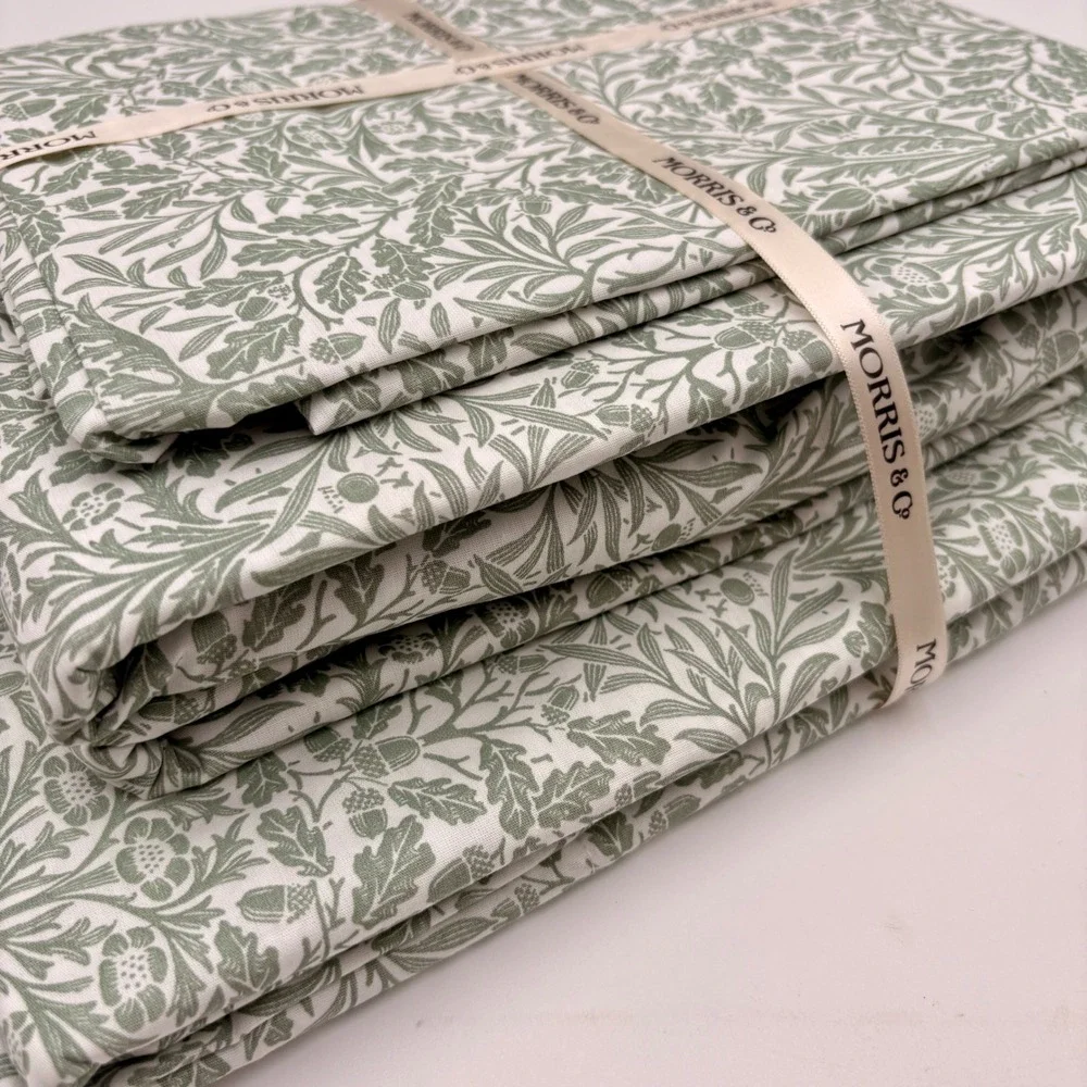 Morris & Co Queen 4 Piece Sheet Set 100% Cotton Percale Sage Green Floral Oak